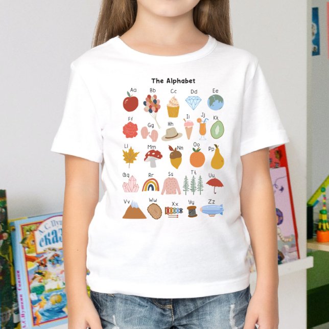 A till Z Alfabet Barn T Shirt (In-Context, Girl in kindergarten)
