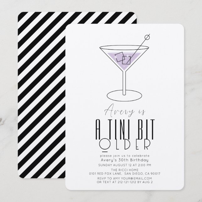 A Tini Bit äldre Modern Lila Martini Birthday Inbjudningar (Fram/baksida)