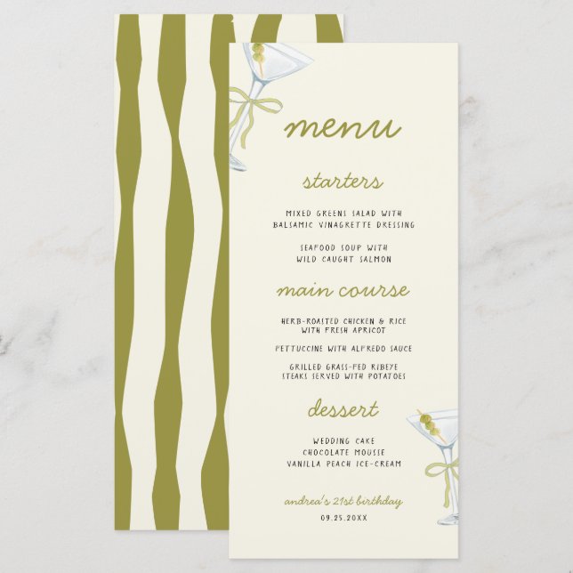 A Tini Bit Older Martini Birthday Party Menu Meny (Fram/baksida)