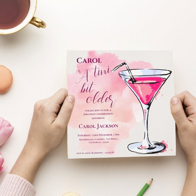 A Tini Bit Older Rosa Cocktail Birthday-inbjudan (A Tini Bit Older Pink Cocktail Birthday Invitation)