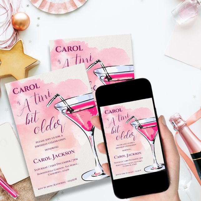 A Tini Bit Older Rosa Martini Cocktail Birthday Inbjudningar (A Tini Bit Older Pink Martini Cocktail Birthday Invitation)