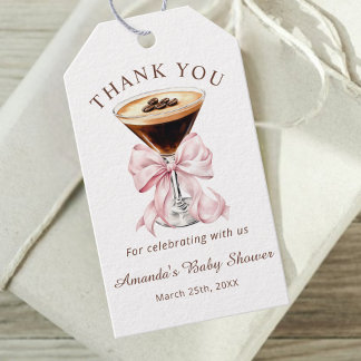 A tini One Espresso Martini Pink Bow Baby Shower Presentetikett