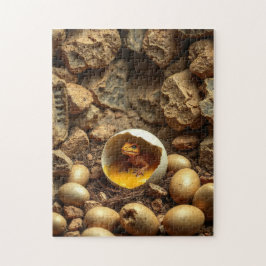 a tiny dinosaur in a nest of eggs pussel