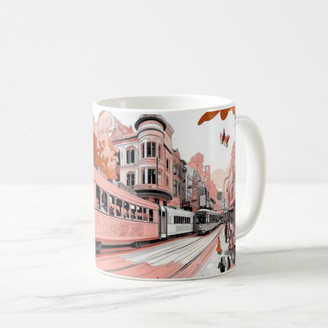 A tram in a retro illustration style, reminiscent  kaffemugg (Framsida höger)