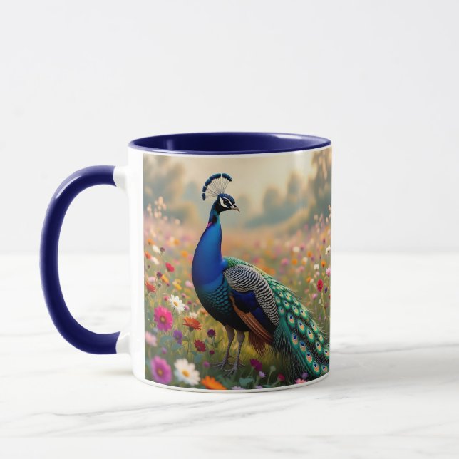 A Turquoise and Blue Peacock in Flowers  Mugg (Vänster)
