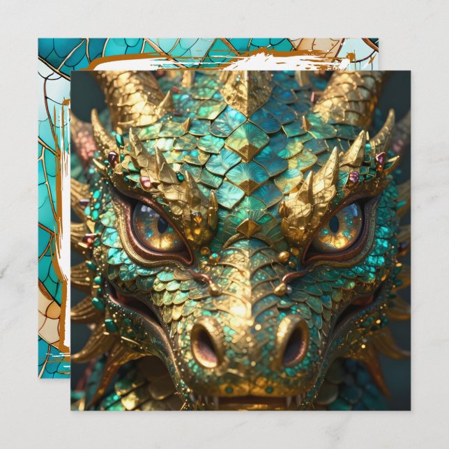 A Turquoise and Gold Dragon Mystical Kort (Fram/baksida)