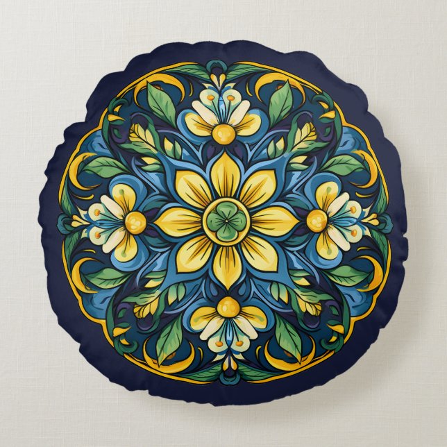 💚 💙 💛 A Unique Azulejo Elegance: Midnight Garde Rund Kudde (Framsidan)