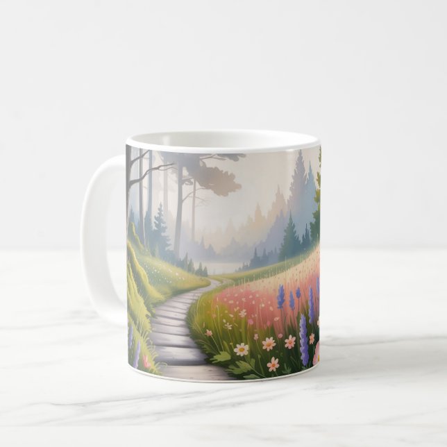A väg mellan träd och vilda blommor kaffemugg (Framsida vänster)