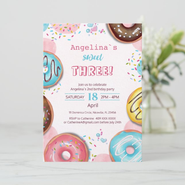 A vibrant birthday invitation with donuts.  inbjudningar (Stående Fram)