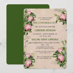 A Victorian Garden Grönts, Rosa ros Confirmation Inbjudningar