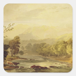 A View on Brathay nära Ambleside (w/c over tra) Fyrkantigt Klistermärke
