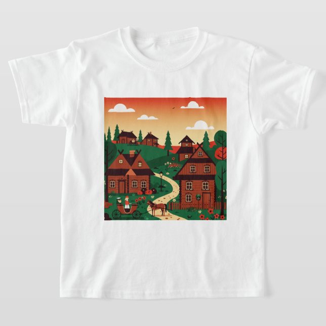 A village drawn in an illustration style t shirt (Laydown)