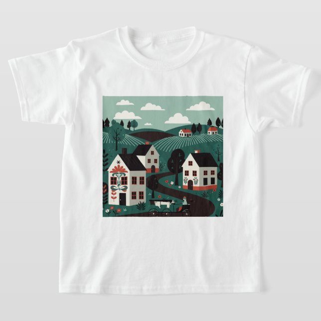 A village drawn in an illustration style t shirt (Laydown)