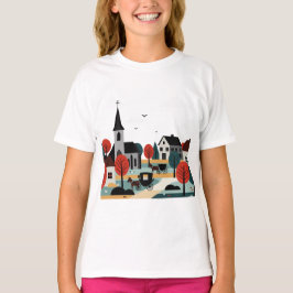 A village drawn in an illustration style t shirt