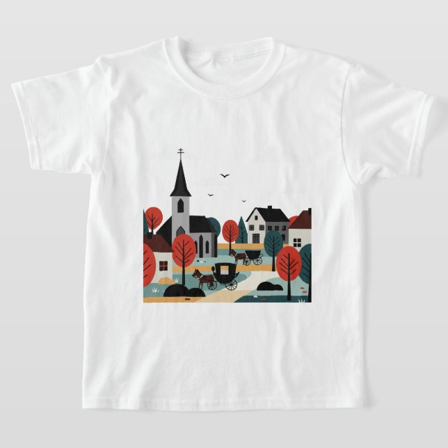 A village drawn in an illustration style t shirt (Laydown)