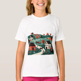 A village drawn in an illustration style t shirt