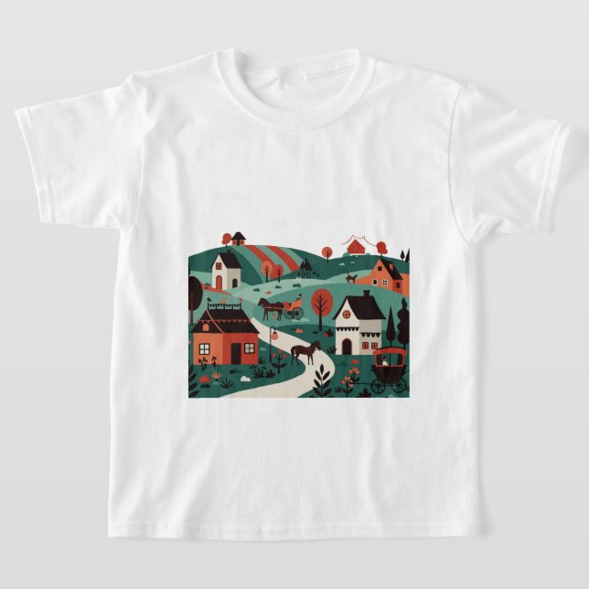 A village drawn in an illustration style t shirt (Laydown)