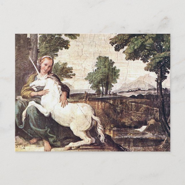 A Virgin med Unicorn av Domenico Zampieri Vykort (Framsida)