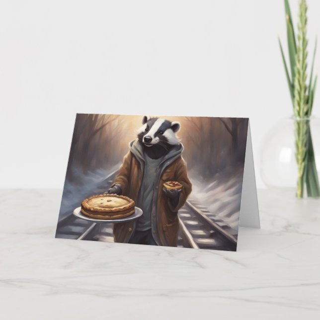A whimsical Badger on the tracks offers Pie Helgkort (Framsida)
