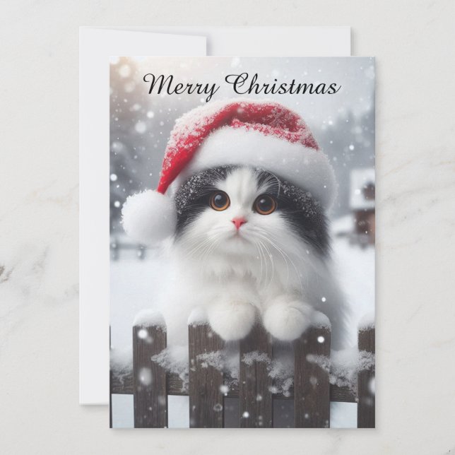 A white cat with Santa hat  Julkort (Framsida)