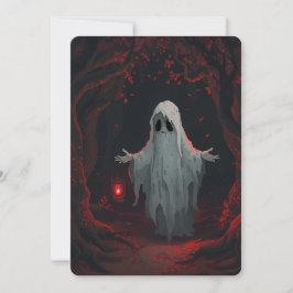 A white ghost holding a red lantern with red leave inbjudningar