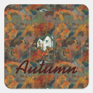 A White House & Autumn Träd Fyrkantigt Klistermärke