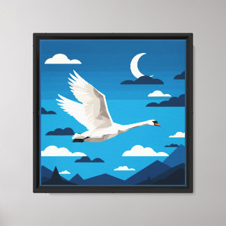 A white swan flying in the night sky canvastryck