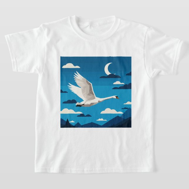 A white swan flying in the night sky t shirt (Laydown)