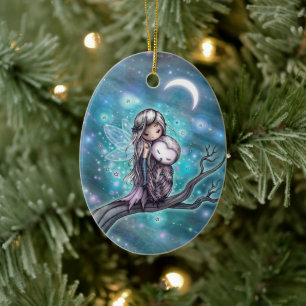 A Winter Night Fairy and Uggla Fantasy Art Julgransprydnad Keramik