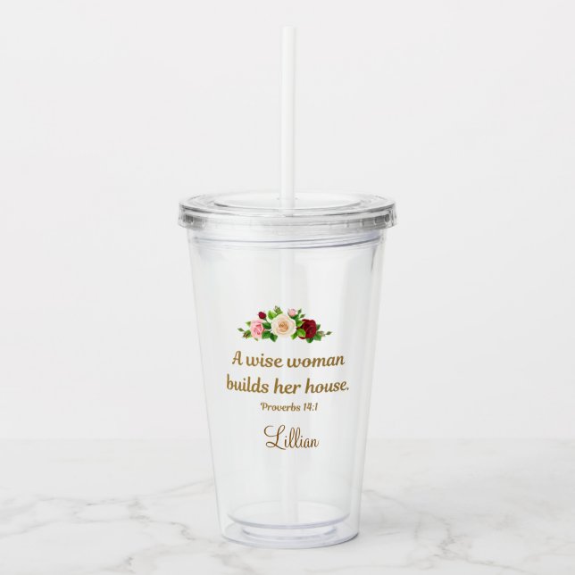 "A Wise Woman Builds Her House" Personalized Clear Take Away Mugg (Framsida)