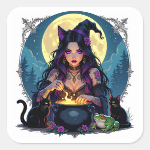 A Witch, A Black Cat och A Frog Halloween Fyrkantigt Klistermärke