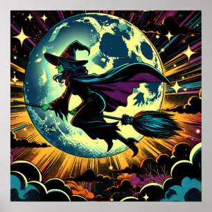 A Witch och Full Moon Halloween fest Poster