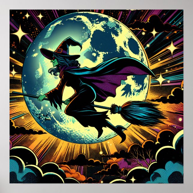 A Witch och Full Moon Halloween fest Poster (Framsidan)
