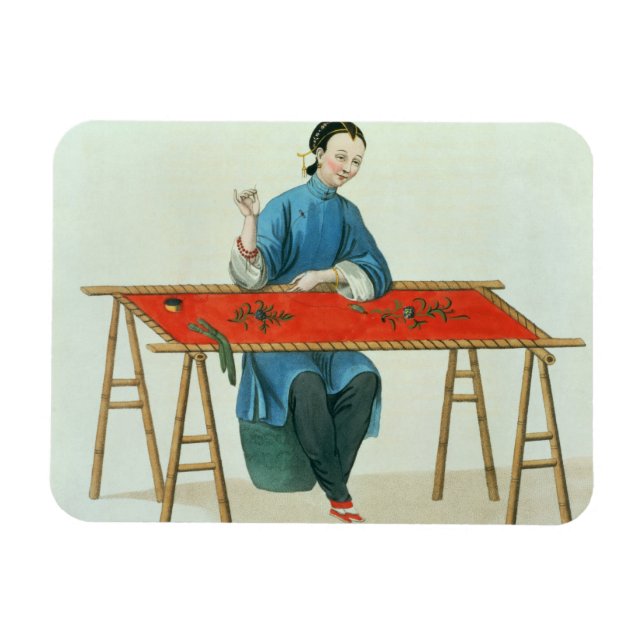 A Woman Embroidering, plåt 41 från The Costume o Magnet (Horisontell)