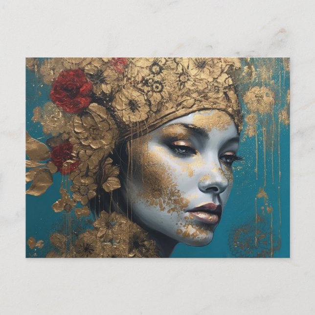 A Woman med Guld och Flowers Vykort (Framsida)