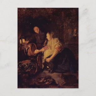 A Woman Teckning Vin från Barrel av Gabriel Metsu Vykort