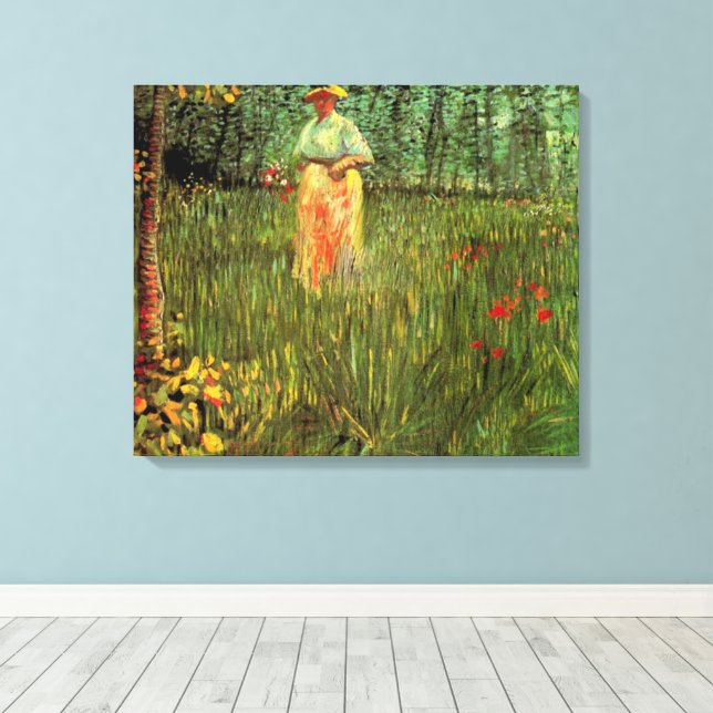 A Woman Walking in a Garden by Vincent van Gogh Canvastryck (Insitu (trägolv))