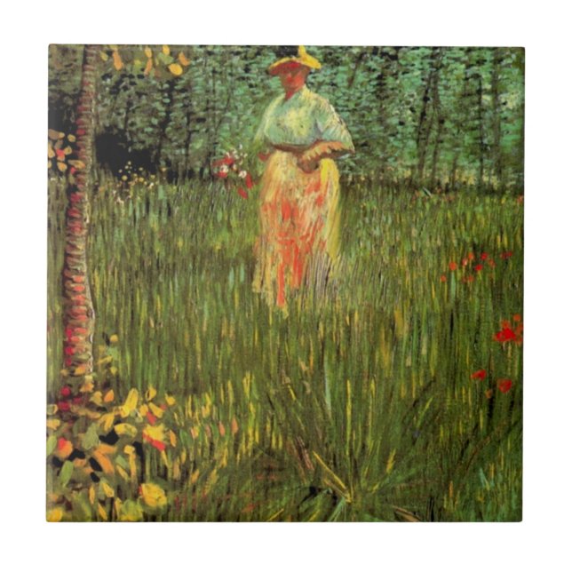 A Woman Walking in a Garden by Vincent van Gogh Kakelplatta (Framsidan)