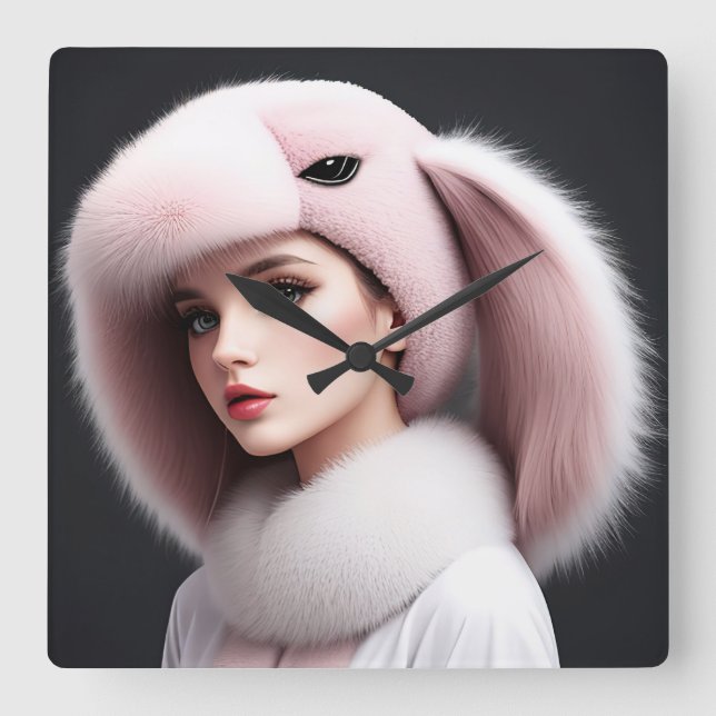 A woman wearing a rabbit hat fyrkantig klocka (Framsida)