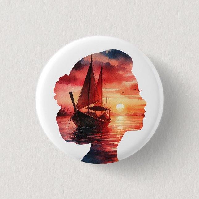 a woman's head enveloping a sunset with a sailboat knapp (Framsida)