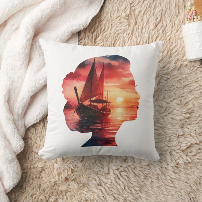 a woman's head enveloping a sunset with a sailboat kudde (Filt)