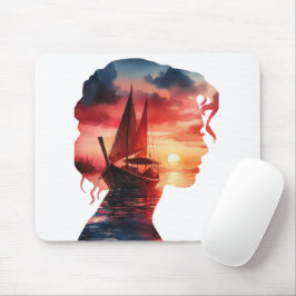 a woman's mask enveloping a sailboat at sunset musmatta