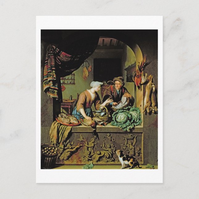 A Women and a Fish Peddler, 1713 (oil on Panel) Vykort (Framsida)