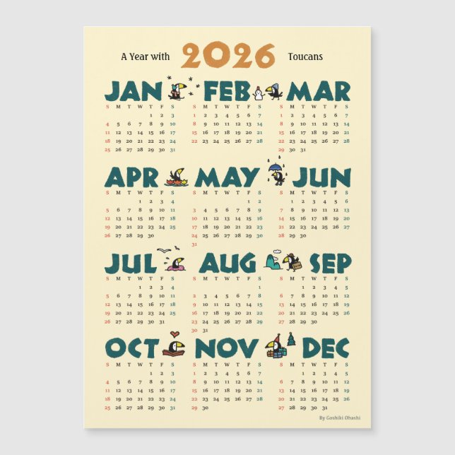 A Year with Toucans: Calendar 2026 マグネットカード (Framsida)