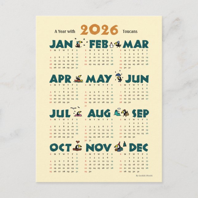 A Year with Toucans: Calendar 2026 Helg Vykort (Framsida)