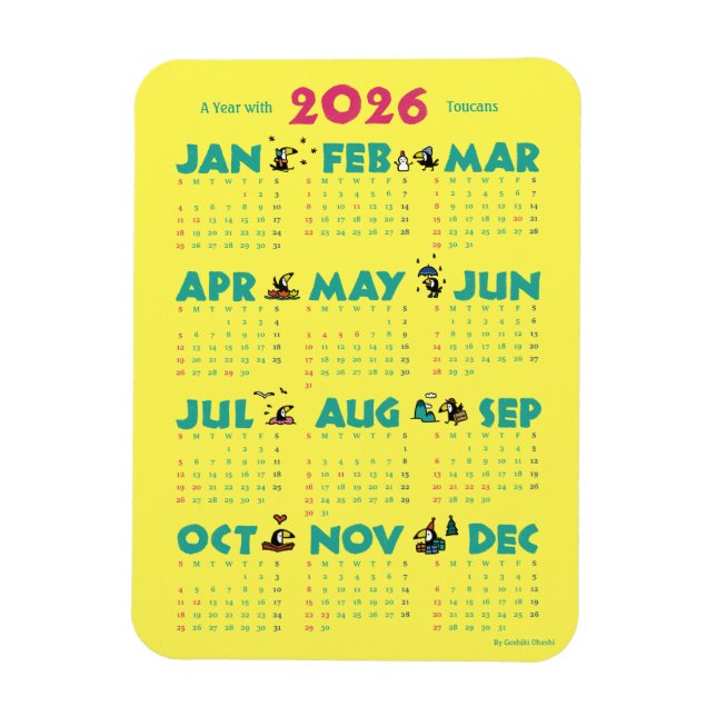 A Year with Toucans: Calendar 2026-Yマグネットカード Magnet (Vertikal)