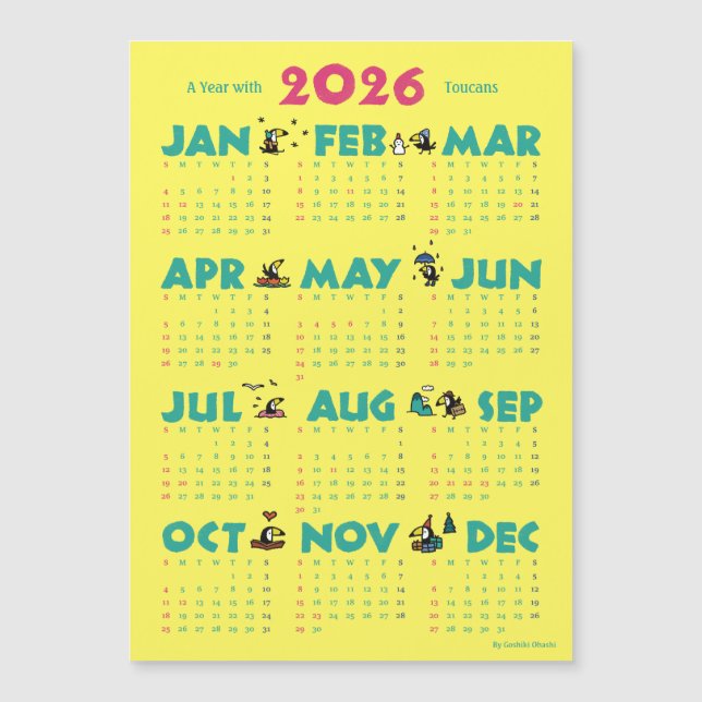 A Year with Toucans: Calendar 2026-Y マグネットカード (Framsida)