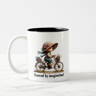 A Young Lycklig Child Riding a Steampunk Bicycle Två-Tonad Mugg