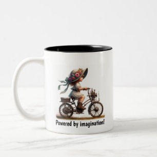 A Young Lycklig Child Riding a Steampunk Bicycle Två-Tonad Mugg