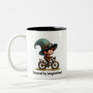 A Young Lycklig Child Riding a Steampunk Bicycle Två-Tonad Mugg